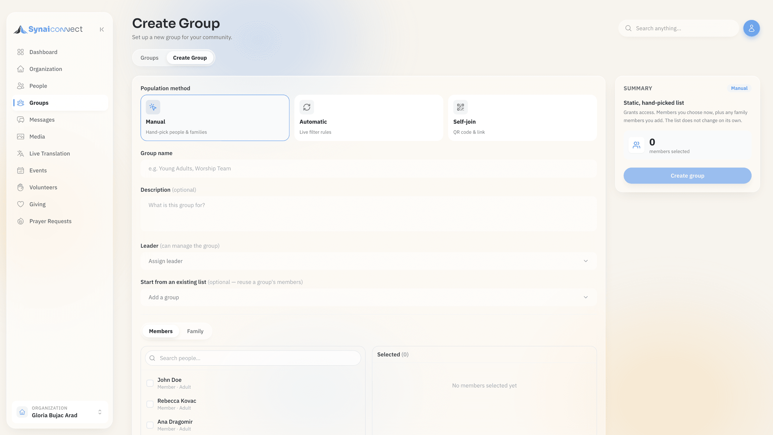 Creating a group — manual, automatic or self-join, with a live member picker