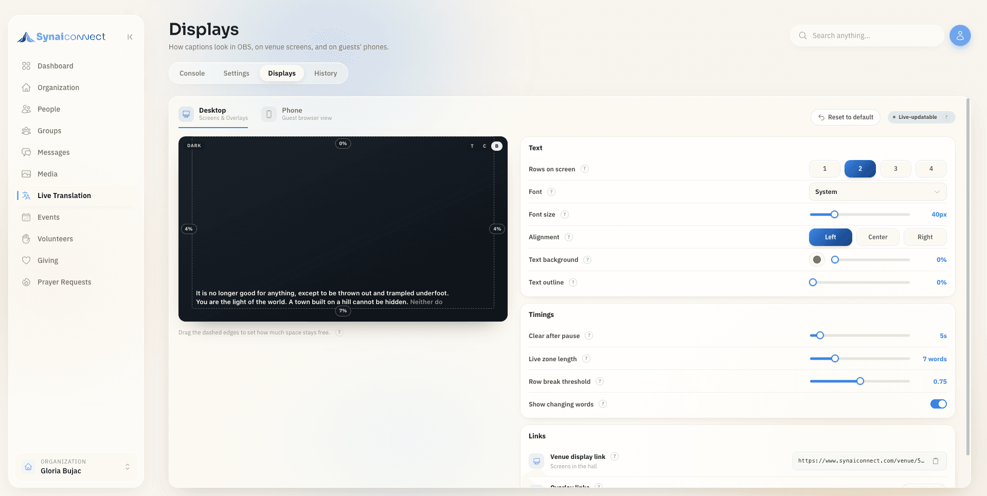 Caption display settings in SynaiConnect — text size, timings and venue screen links